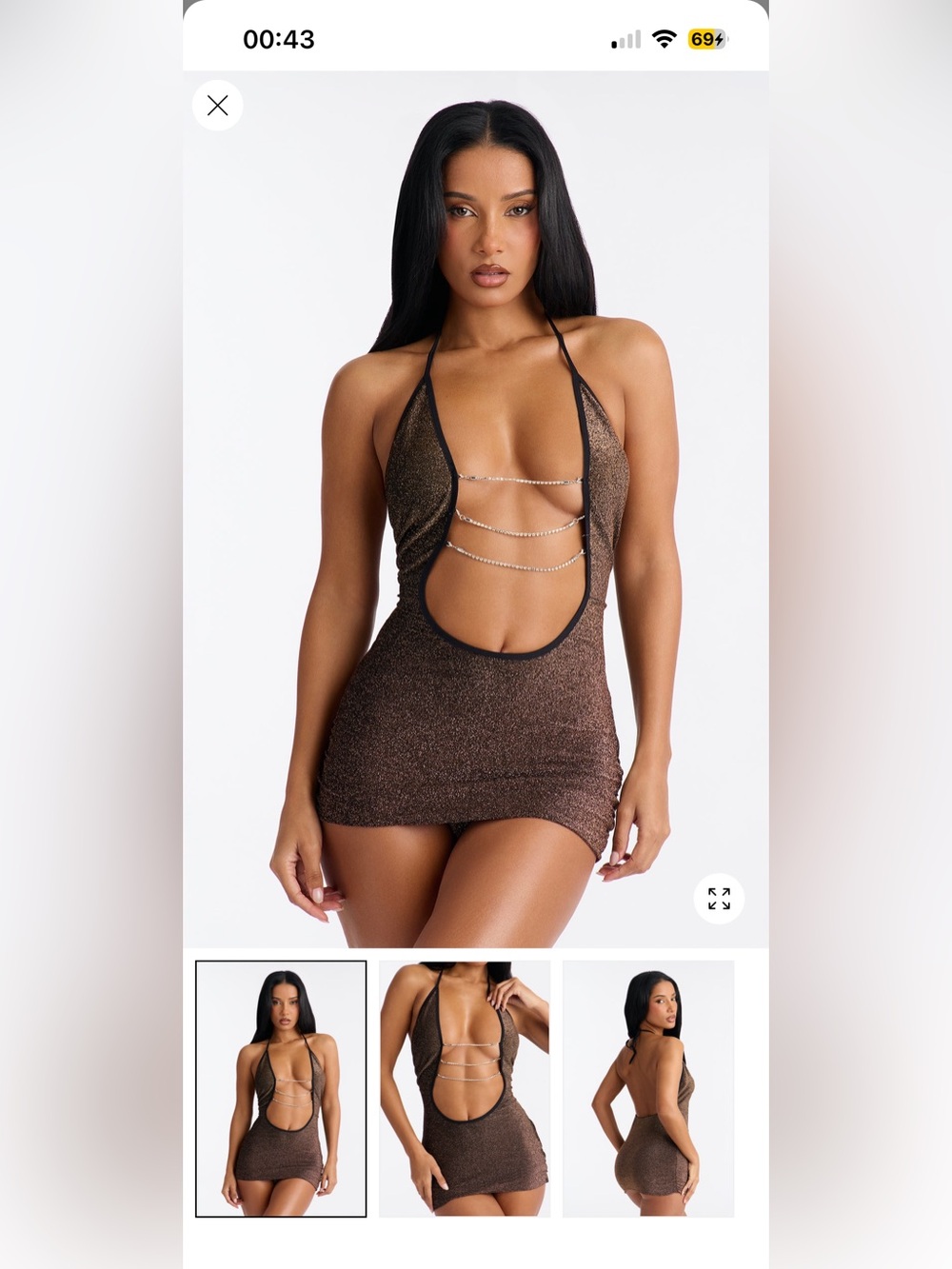 Bronze Metallic Chain-Detail Mini Dress - Women Dresses Mini